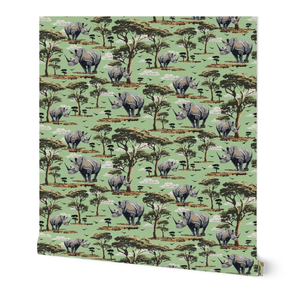 Endangered Wild Rhino Animal Safari Pattern, Painted Rhino Animal, Animal Kingdom Rhinoceros Print, African Wild Green Acacia Trees (Medium Scale)