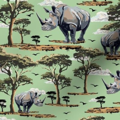 Endangered Wild Rhino Animal Safari Pattern, Painted Rhino Animal, Animal Kingdom Rhinoceros Print, African Wild Green Acacia Trees (Medium Scale)