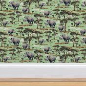 Endangered Wild Rhino Animal Safari Pattern, Painted Rhino Animal, Animal Kingdom Rhinoceros Print, African Wild Green Acacia Trees (Medium Scale)