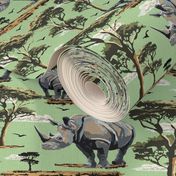 Endangered Wild Rhino Animal Safari Pattern, Painted Rhino Animal, Animal Kingdom Rhinoceros Print, African Wild Green Acacia Trees (Medium Scale)