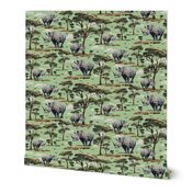 Endangered Wild Rhino Animal Safari Pattern, Painted Rhino Animal, Animal Kingdom Rhinoceros Print, African Wild Green Acacia Trees (Medium Scale)