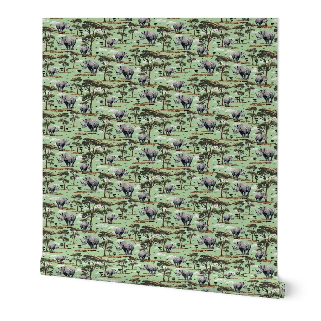 Wild Animal Safari Pattern in the Wild, Rhino Zoo Animal, Rhinoceros Print, African Wild Green Acacia Trees (Small Scale)