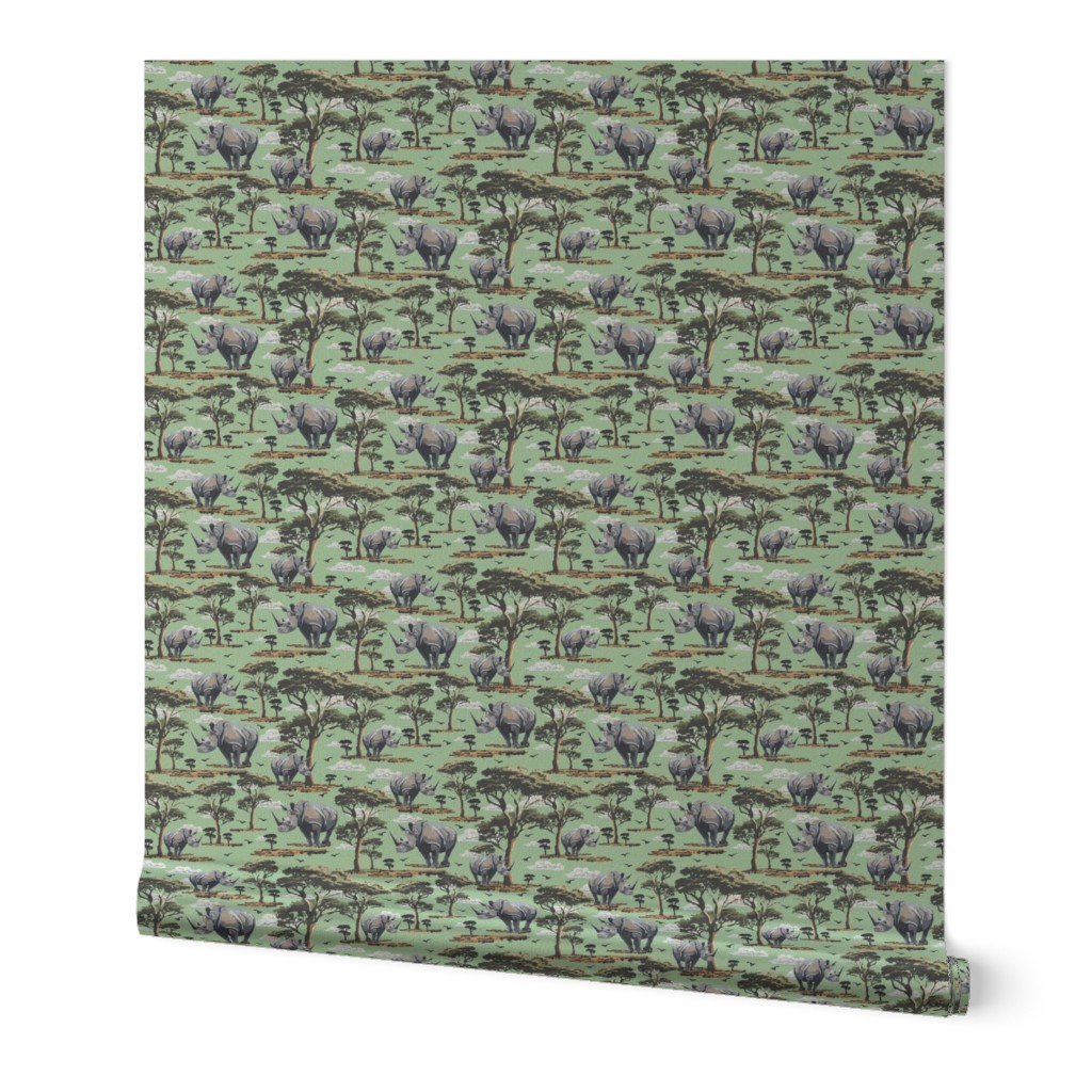 Wild Animal Safari Pattern in the Wild, Rhino Zoo Animal, Rhinoceros Print, African Wild Green Acacia Trees (Small Scale)