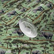 Wild Animal Safari Pattern in the Wild, Rhino Zoo Animal, Rhinoceros Print, African Wild Green Acacia Trees (Small Scale)