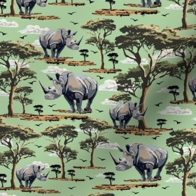 Wild Animal Safari Pattern in the Wild, Rhino Zoo Animal, Rhinoceros Print, African Wild Green Acacia Trees (Small Scale)