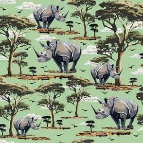 Wild Animal Safari Pattern in the Wild, Rhino Zoo Animal, Rhinoceros Print, African Wild Green Acacia Trees (Small Scale)