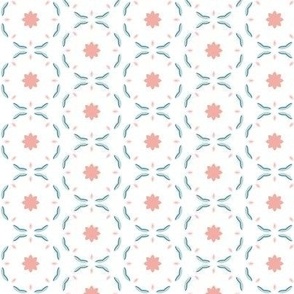 Coral Pink and Mint Blue Circles and Flowers - Half Drop Repeat - Small Scale