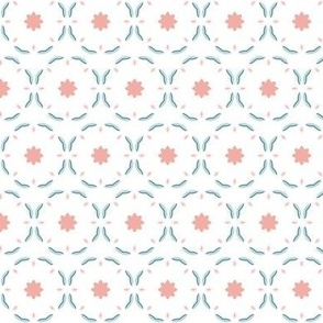 Coral Pink and Mint Blue Circles and Flowers - Half Brick Repeat - Small Scale