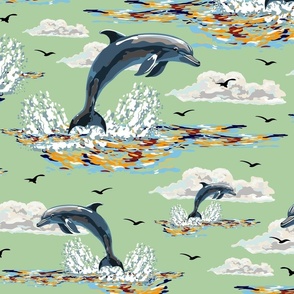 Blue Dolphin Pod Swimming Ocean Waves, Deep Sea Aquatic Animals Flying Porpoise (Medium Scale)