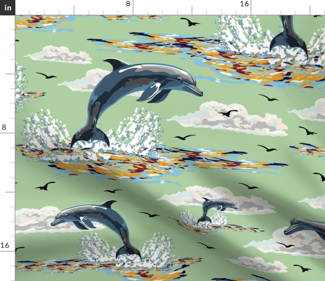 Blue Dolphin Pod Swimming Ocean Waves, Deep Sea Aquatic Animals Flying Porpoise (Medium Scale)
