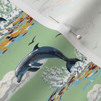 Dolphins Swimming the Blue Ocean Waves, Splashing Deep Sea Marine Mammals Flying Porpoise on Green (Large Scale)