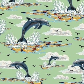 Dolphins Swimming the Blue Ocean Waves, Splashing Deep Sea Marine Mammals Flying Porpoise on Green (Large Scale)