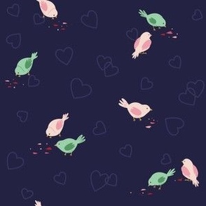 Valentine Birds with Heart Shaped Seeds - Carnation Pink and Mint Green on a Navy Blue Background