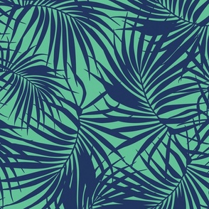 Large Scale Palm Frond Pattern - Mint Green and Navy Blue