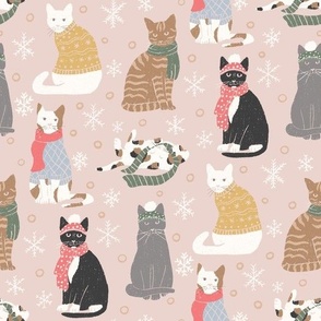 Whimsical Winter Cats in Cozy Hats, Sweaters and Scarves with Snowflakes_Blush (Large)
