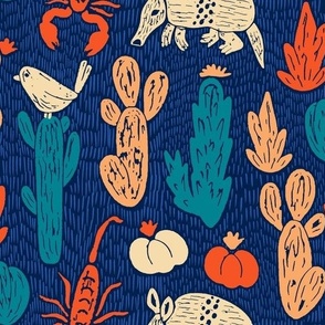 Texas armadillo, scorpion, cactus and birds // medium // block printing, retro colors
