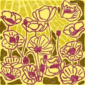 Block Print Poppies - Full Block - Children's Crusade in Yellow, Mustard, Brown & Crimson - Textured