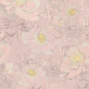 Lotus Blossoms, Soft Pastels Rose Pink, Hand Drawn Botanical Flowers, Jumbo