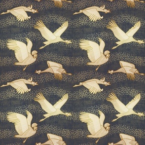 Flight of the  Gray Crown Cranes // Ivory and Gold on Navy Blue