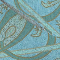 18” repeat diamond interlaced scrolls, leaves and flowers with lichen and burlap texture soft blues, ecru and teals