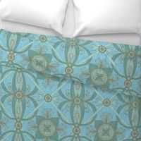 18” repeat diamond interlaced scrolls, leaves and flowers with lichen and burlap texture soft blues, ecru and teals