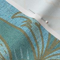 18” repeat diamond interlaced scrolls, leaves and flowers with lichen and burlap texture soft blues, ecru and teals
