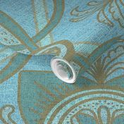 18” repeat diamond interlaced scrolls, leaves and flowers with lichen and burlap texture soft blues, ecru and teals