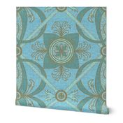 18” repeat diamond interlaced scrolls, leaves and flowers with lichen and burlap texture soft blues, ecru and teals