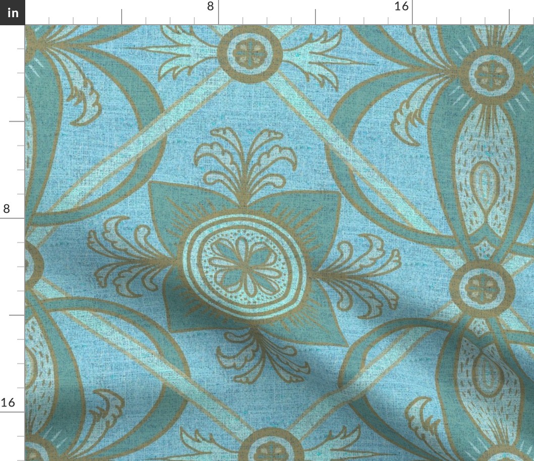 18” repeat diamond interlaced scrolls, leaves and flowers with lichen and burlap texture soft blues, ecru and teals