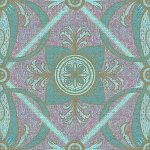 18” repeat diamond interlaced scrolls, leaves and flowers with lichen and burlap texture soft blues, ecru and teals with pink
