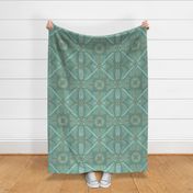 18” repeat diamond interlaced scrolls, leaves and flowers with lichen and burlap texture soft blues, ecru and teals with sage green