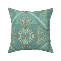 18” repeat diamond interlaced scrolls, leaves and flowers with lichen and burlap texture soft blues, ecru and teals with sage green