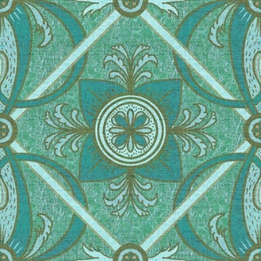 18” repeat diamond interlaced scrolls, leaves and flowers with lichen and burlap texture soft blues, ecru and teals with dusty green