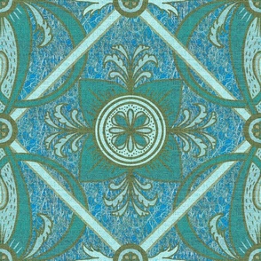18” repeat diamond interlaced scrolls, leaves and flowers with lichen and burlap texture soft blues, ecru and teals with ultramarine