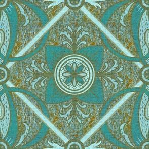 18” repeat diamond interlaced scrolls, leaves and flowers with lichen and burlap texture soft blues, ecru and teals with orange flecks and grey