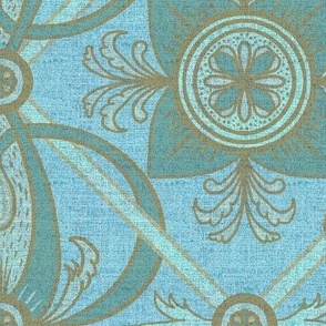 12” repeat diamond interlaced scrolls, leaves and flowers with lichen and burlap texture soft blues, ecru and teals 