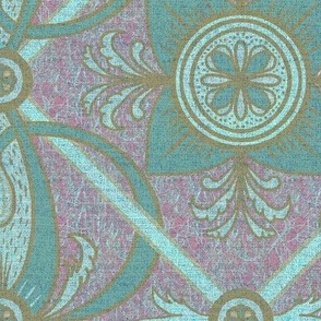 12” repeat diamond interlaced scrolls, leaves and flowers with lichen and burlap texture soft blues, ecru and teals with pink