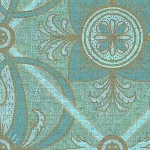 12” repeat diamond interlaced scrolls, leaves and flowers with lichen and burlap texture soft blues, ecru and teals with sage green