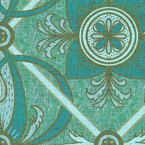 12” repeat diamond interlaced scrolls, leaves and flowers with lichen and burlap texture soft blues, ecru and teals with dusty green