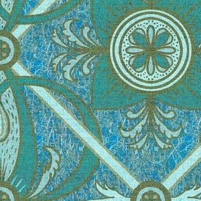 12” repeat diamond interlaced scrolls, leaves and flowers with lichen and burlap texture soft blues, ecru and teals with ultramarine
