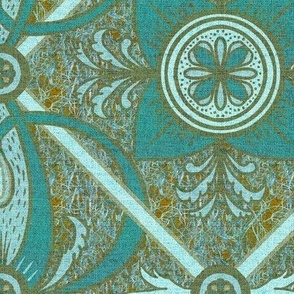 12” repeat diamond interlaced scrolls, leaves and flowers with lichen and burlap texture soft blues, ecru and teals with orange flecks and grey