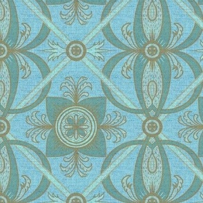 6” repeat diamond interlaced scrolls, leaves and flowers with lichen and burlap texture soft blues, ecru and teals and turquoise
