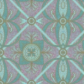 6” repeat diamond interlaced scrolls, leaves and flowers with lichen and burlap texture soft blues, ecru and teals with pink