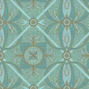 6” repeat diamond interlaced scrolls, leaves and flowers with lichen and burlap texture soft blues, ecru and teals with sage green