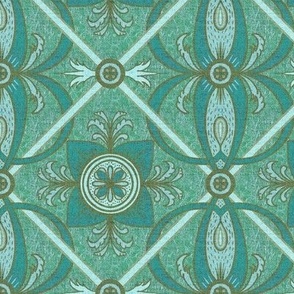 6” repeat diamond interlaced scrolls, leaves and flowers with lichen and burlap texture soft blues, ecru and teals with dusty green