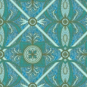 6” repeat diamond  lozenge geometric interlaced scrolls, leaves and flowers with lichen and burlap texture soft blues, ecru and teals with ultramarine