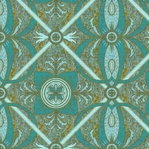 6” repeat diamond lozenge geometric interlaced scrolls, leaves and flowers with lichen and burlap texture soft blues, ecru and teals with orange flecks and grey
