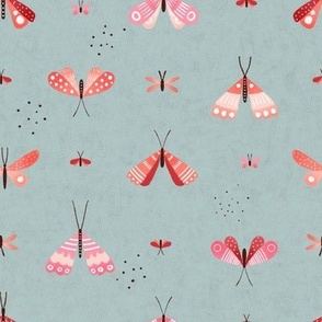 Medium | Coral pink and red butterflies on blue