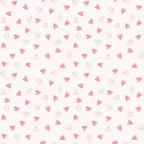 Small | Mini Tossed Valentine’s hand-drawn hearts and hearts outlines  in blush pink on linen white background 