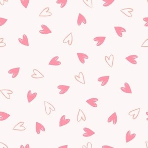 Medium | Tossed Valentine’s hand-drawn hearts and hearts outlines  in blush pink on linen white background 